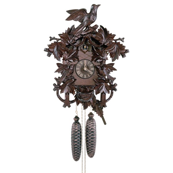 Traditional cuckoo clock with leaves and a large bird on top