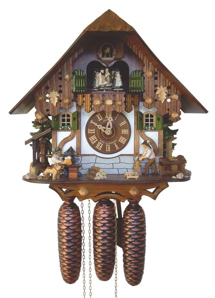 Cuckoo clock with a moving beertrinker and a wood chopper