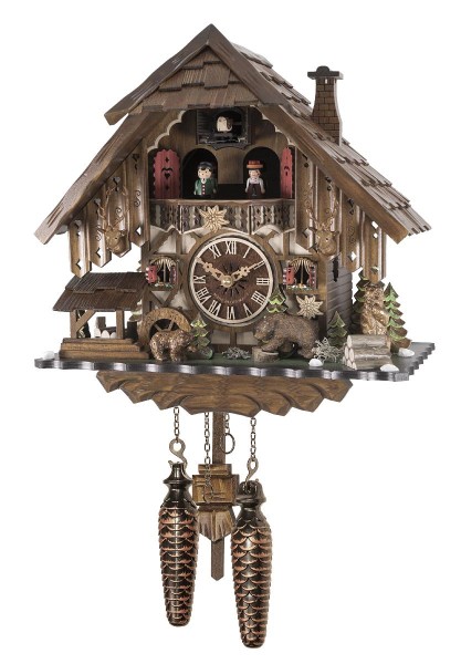 Battery powered cuckoo clock with a bear family in front of the house