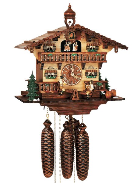 Bavarian chalet cuckoo clock with 2 beer drinkers on a seesaw